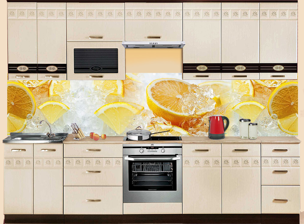 Фартук МДФ FM 50 с лимонами в интерьере кухни