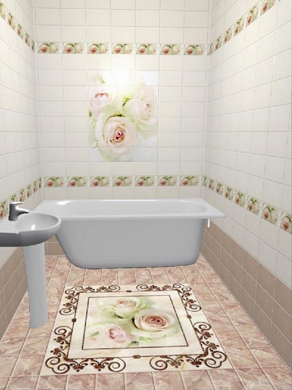 Пол 3Д Чайные розы в интерьере ванной